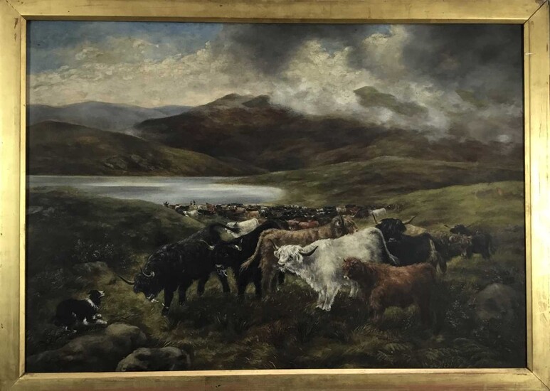 After Henry Garland (act. 1854-1890) oil on canvas, Sheepdog and highland cattle before a loch, indistinctly signed verso and inscribed 'After H Garland, Turning the drove'