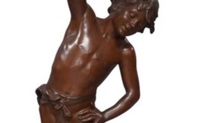 After Louis Auguste Moreau, French, 1855-1919, a large French bronze model of a boy, early 20th century, depicted holding a flute with a bird perched on the end, the naturalistic base cast with a tree branch and two further birds, inscribed Moreau...