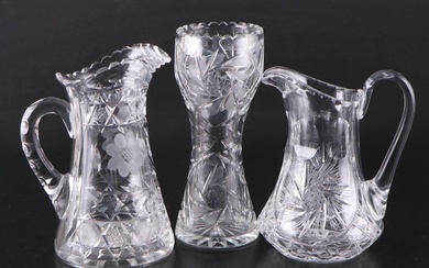 American Brilliant Style Cut Glass Pitchers and Corset Vase, 20th Century