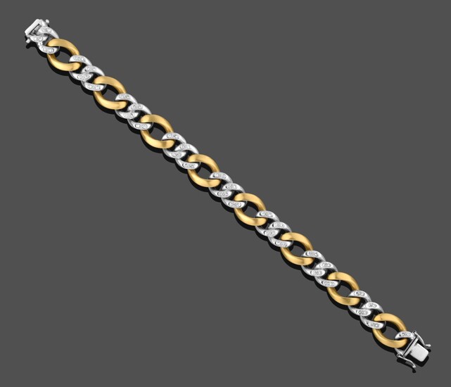 An 18 Carat Two-Colour Gold Diamond Set Flat Curb Link Bracelet, pairs of white links inset...