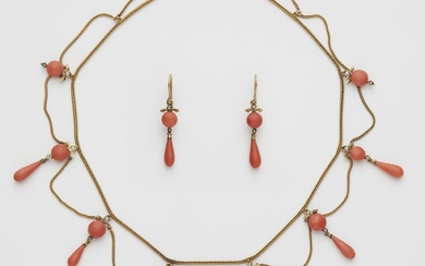An Austrian 14k gold diamond and coral demiparure comprising a garland necklace and a pair of earrings.