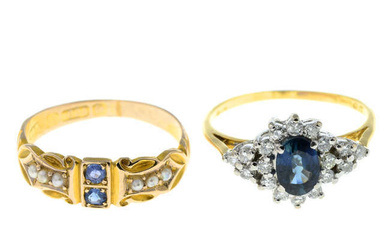An Edwardian 15ct gold sapphire and split pearl ring, together with an 18ct gold sapphire and brilliant-cut diamond ring.