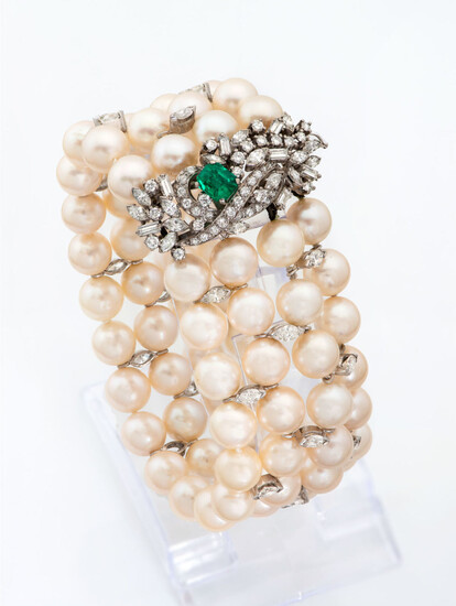 An Exquisite Gold Pearl Diamond and Emerald Bracelet