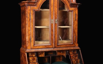 An Impressive 18th Century German inlaid Walnut Bureau Bookcase. The upper section having a broken a