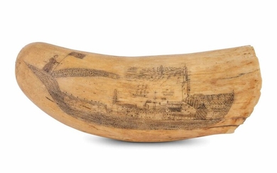 An Unusually Large Scrimshaw Tooth Depicting A Seaport