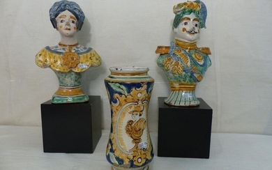 An albarello in Italian earthenware. Period: 17th century. A pair of Spanish earthenware waitresses are attached to it. Period: 18th (?). (*)