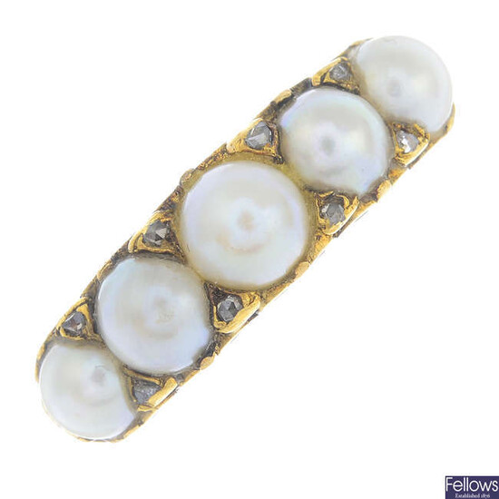 An early 20th century cultured pearl and diamond dress ring.