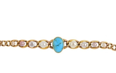 An early 20th century gold turquoise and cultured pearl