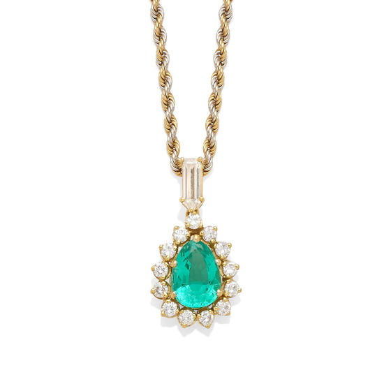 An emerald and diamond pendant with gold chain