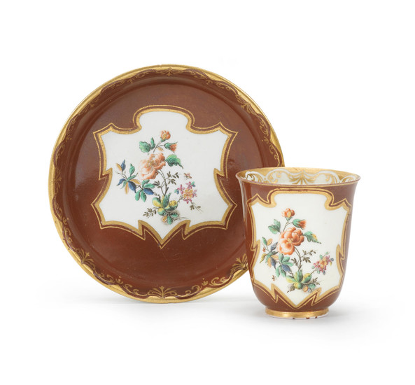 An extremely rare Capodimonte chestnut-brown-ground cup and saucer, circa 1750