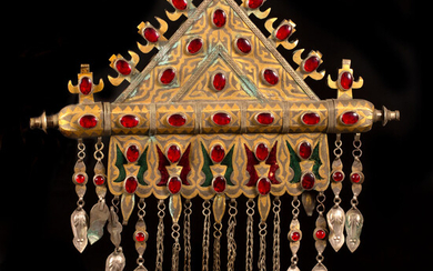 An impressive gilded silver and textile Tumar amulet chest ornament - Turkestan 1870-1920