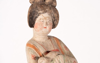 Ancient Chinese, Tang Dynasty Terracotta Figure of fat lady with dog, 52 x 21 cm with TL test Figure