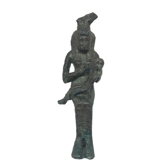 Ancient Egyptian Bronze figure of Isis with Horus, 16 cm EX-PIERRE BERGÉ