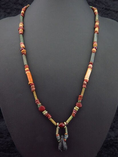 Ancient Egyptian chain of faience and carnelian mummy beads and stones Frog amulet - (1)