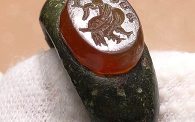 Ancient Roman Bronze Legionary Ring with a Symbolical & Important Intaglio of Eagle holding Laurel Wreath & 3 letters DOC