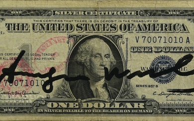 Andy Warhol (1928 - 1987) ONE DOLLAR pennafeltro su banconota, cm 6,5x15,5...