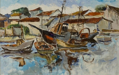 Angelo Iarusso, Italian 1923-1990- Moored boats; oil on canvas, 59.5 x 79.3 cm (ARR)