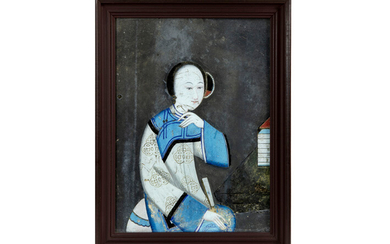 Antieke Chinese achterglasschildering : "Meisje met waaier" - 40 x 30 ||antique Chinese behind glass-painting