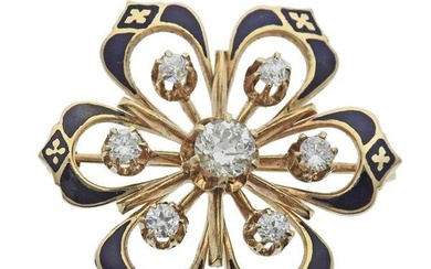 Antique 14k Gold Diamond Enamel Brooch
