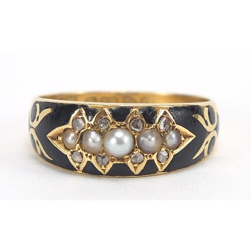 Antique 18ct gold, pearl, diamond and black enamel mourning ...