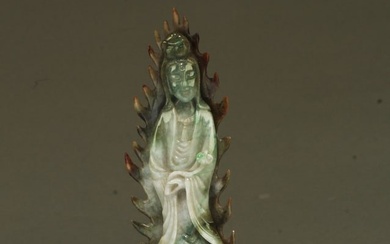 Antique Chinese Carved Jade Guanyin Statue with Wo