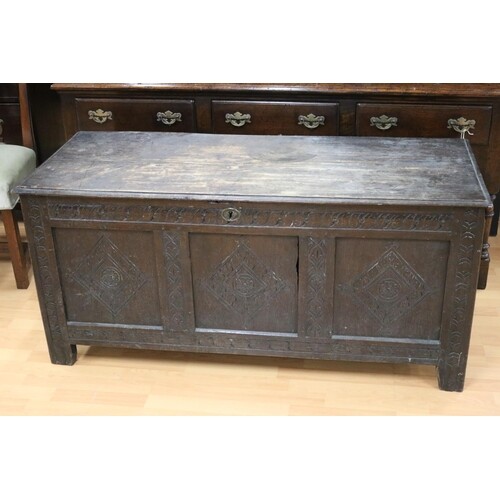 Antique English early 18th century three panelled oak coffer...