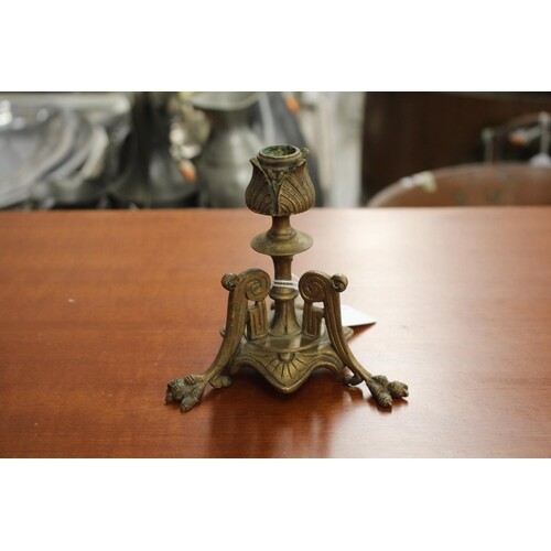 Antique French bronze tri leg candlestick, approx 12cm H