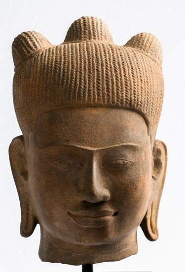 Antique Phnom Da Style Mounted Stone Khmer Buddha Head