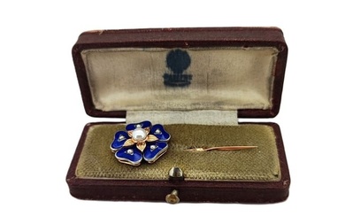 Antique Vintage Imperial Faberge Era 14 k Rose Gold Enamel Pearl Pin Brooch . Total weight: 4.3