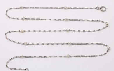 Art Deco Platinum and Pearl Paperclip Necklace, 27.4” Long