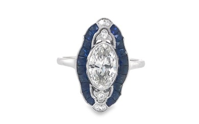 Art Deco Style Platinum 1.04 F, SI1 GIA Diamond & Sapphire Ring