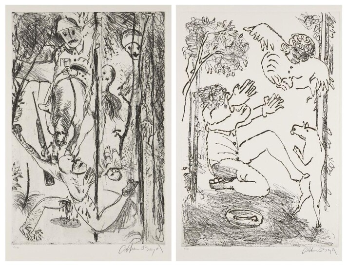 Arthur Boyd AC OBE, Australian 1920-1999- Survival and Father I have Sinned, 1996; two soft-ground etchings on wove, signed and numbered 41/45 in pencil, from The Prodigal Son series, printed by Diana Davidson at Whaling Road Studios, with their...