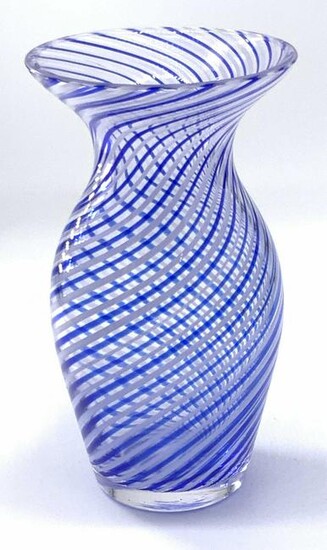 Artist Signed Blue Striped Glass Vase