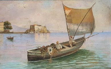 Artista napoletano, XIX-XX secolo - Marina di Napoli con barche e pescatori