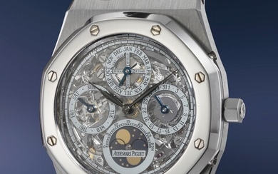 Audemars Piguet, Ref. 25829SP A superbly attractive, extremely rare and offered by the original owner stainless steel and platinum perpetual calendar wristwatch with moonphases, skeletonized dial, bracelet, guarantee and box, number 1 of a 25 pieces...