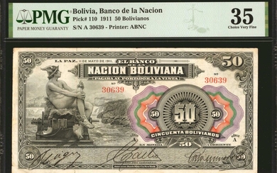 BOLIVIA. El Banco de la Nacion Boliviana. 50 Bolivianos, 1911. P-110. PMG Choice Very Fine 35.