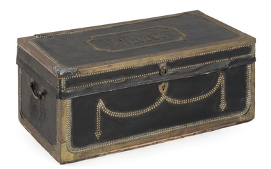 BRASS-BOUND LEATHER-COVERED TRUNK With camphorwood interior. Height 13.5". Width 30.5". Depth 15.75".