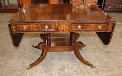 Baker Regency style burl walnut drop side 2 drawer table with inlay, some inlay loss