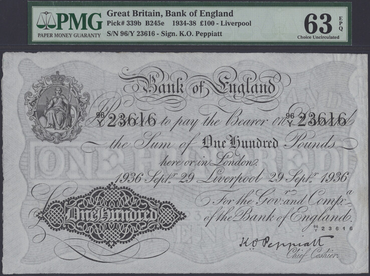 Bank of England, Kenneth O. Peppiatt, £100, Liverpool, 29 September 1936, serial...