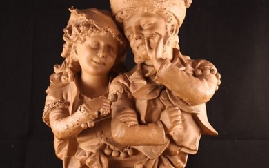 Beautiful antique sculpture of a happy couple - 48 cm - Terracotta - Approx 1900