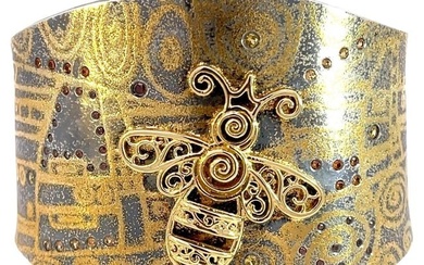 "Bee Klimt" Cuff Bracelet with Sterling Silver, 18Karat Yellow Gold and 24K Gold