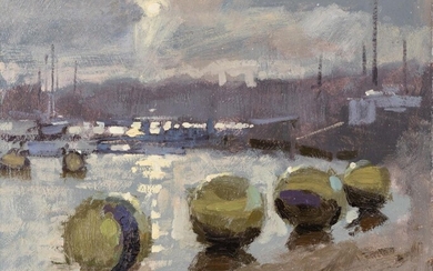 Benjamin Hope, British b.1976 - Harbour scene; oil on board, signed with initials lower right 'BH', 20.3 x 25.5 cm (ARR) Provenance: Island Fine Arts, Bembridge
