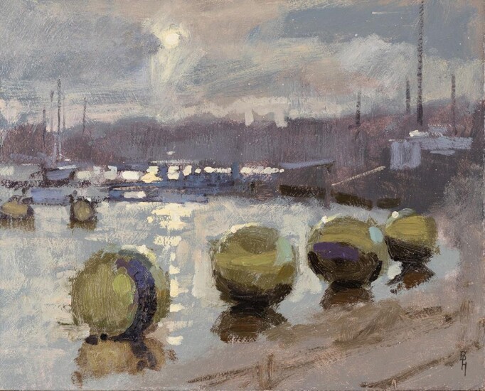 Benjamin Hope, British b.1976 - Harbour scene; oil on board, signed with initials lower right 'BH', 20.3 x 25.5 cm (ARR) Provenance: Island Fine Arts, Bembridge