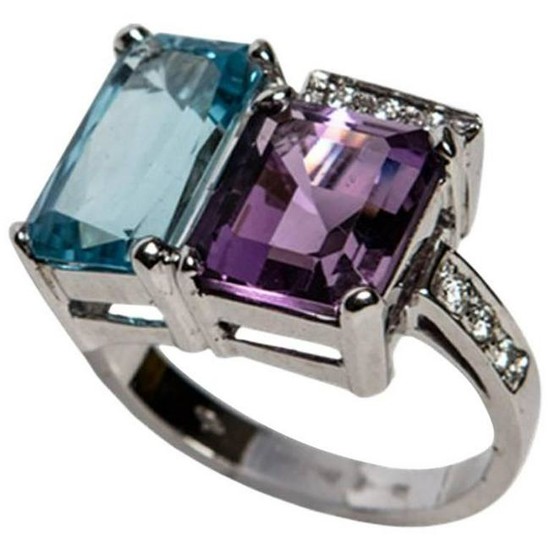 Blue Topaz and Purple Amethyst White Gold 18kt Ring