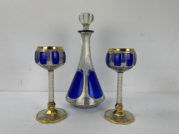 Bohemian Art Cobalt Blue Glass Cups and Vase
