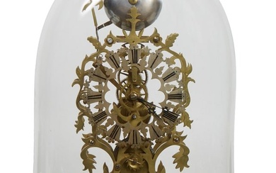 Brass Skeleton Clock, 19th c., Clock- H.- 15 1/2 in., W.- 9 7/8 in., D.- 5 in.; Base- H.- 2 1/2 in.
