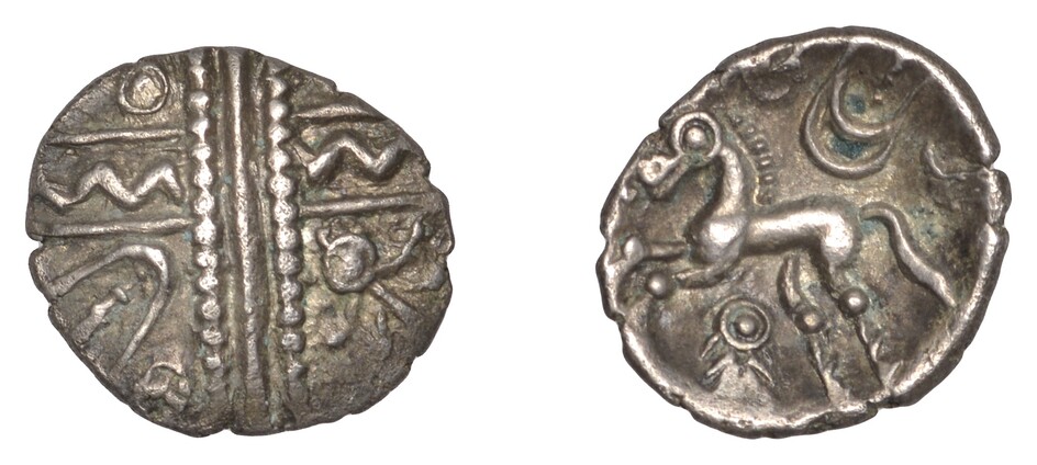 British Iron Age, CATUVELLAUNI, early uninscribed issues, silver Half-Unit, Snakes and Lyres...