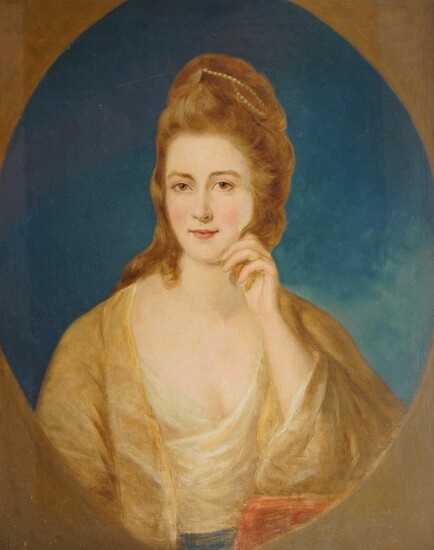 British School, mid-19th century- Portrait of a lady, quarter-length, traditionally held to be the wife of Robert Tutton; oil on canvas, within feigned oval, 76 x 63.5 cm