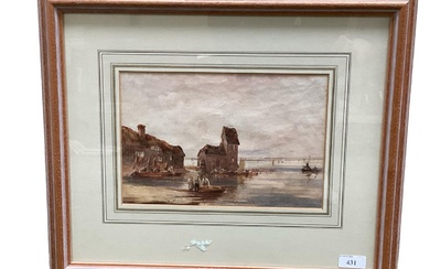C19th watercolour, fishing boats on shoreline with figures, 18...