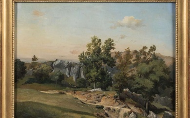 CARUELLE d'ALIGNY Théodore (1798-1871), Paysage au rochers, Toile d'origine de Belot (étiquette), 50 x 63...